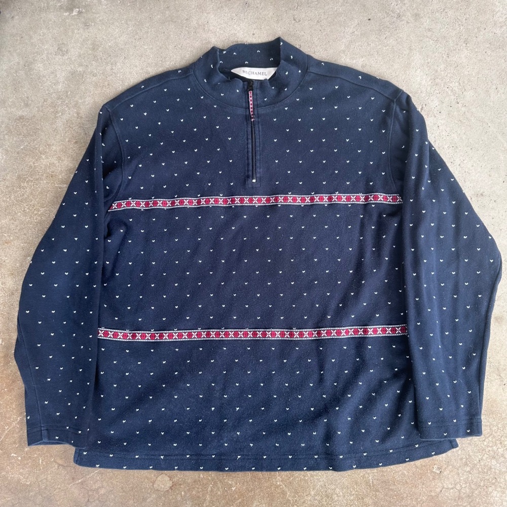 Bechamel Quarter Zip Pullover Women M Navy Blue Excellent Heart Print Nordic